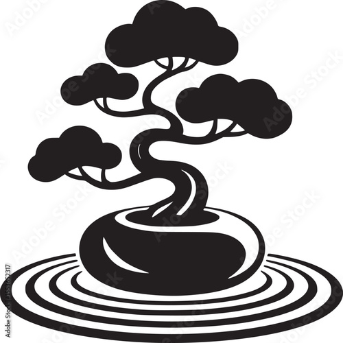 Bonsai tree vector art illustration japanese zen garden design minimalist black and white graphic icon symbol silhouette