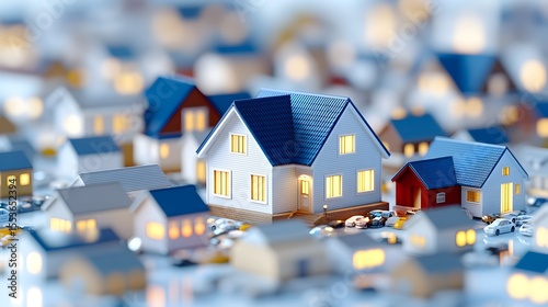 Illuminated suburban house model, night, neighborhood, real estate