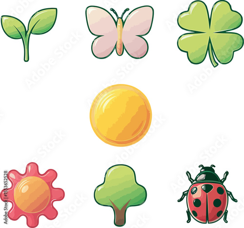 Cute cartoon nature icons isolated on white background