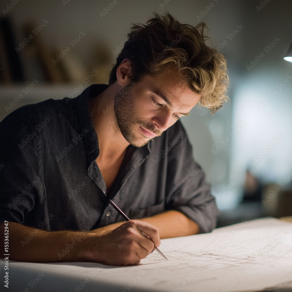 Focused artist intently sketching a detailed design. The warm, concentrated light illuminates his dedication and skill. Ideal for architecture, creativity, and design concepts. Focused artist intently sketching a detailed design. The warm, concentrated light illuminates his dedication and skill. Ideal for architecture, creativity, and design concepts.