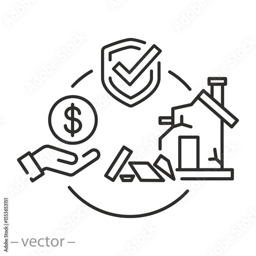 icon of compensation for destroyed property, property insurance,  security home, protection of real estate, damage house, thin line symbol on white background - editable stroke vector illustration eps