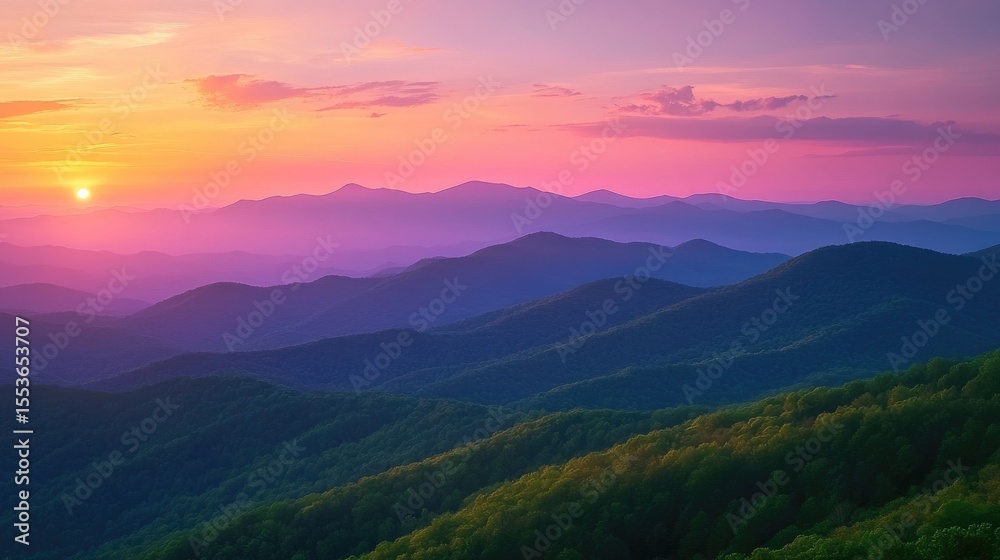 Fototapeta premium Blue Ridge Mountains at sunset from Blue Ridge Parkway. Amazing nature scenery with layered mountain ranges, green forests, colorful pink, orange sky. Beautiful scenic landscape. Perfect for travel,