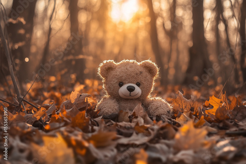 An old teddy bear half buried in autumn leaves in a quiet forest, the trees bare of leaves, soft golden light filtering through the branches.