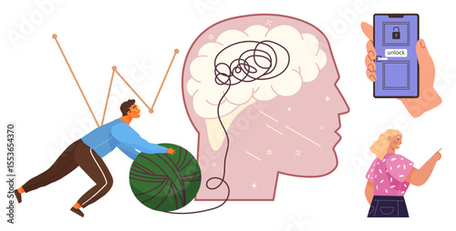 Man rolling yarn to untangle a brain, connecting struggle and mental clarity. Woman pointing and smartphone showcasing unlock concept. Ideal for problem-solving, focus, mental health, creativity