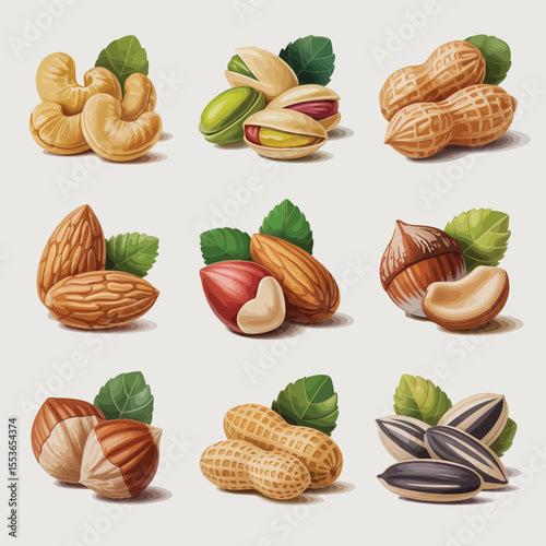 Assortment of healthy nuts and seeds with green leaves on a light background