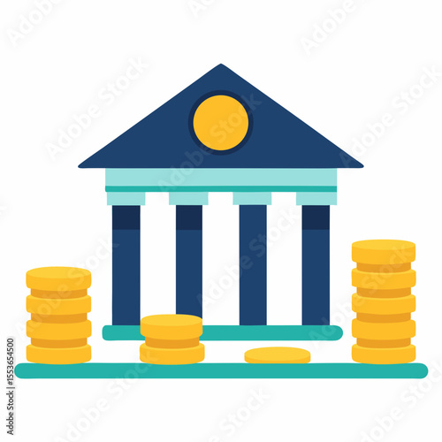 Financial institution with stacks of gold coins