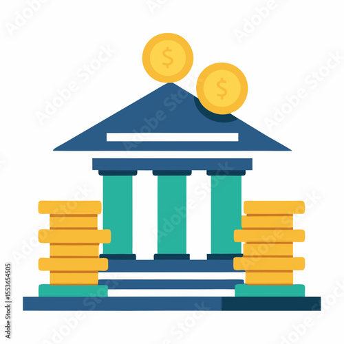 Bank building with stacks of gold coins and dollar symbols