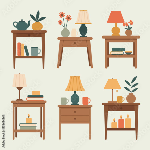 Collection of cozy bedside tables with lamps books plants and candles