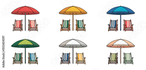 Collection of beach chairs and umbrellas in various colors for summer relaxation
