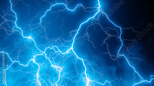 Vivid blue lightning strikes illuminate a dark stormy sky with a powerful electrical discharge creating a dramatic natural phenomenon