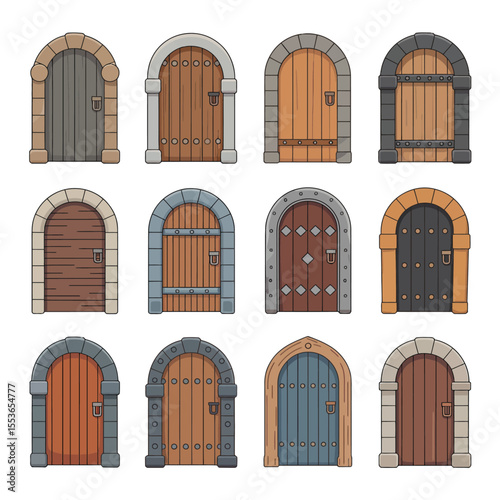 Collection of twelve arched medieval doors with stone and wood elements