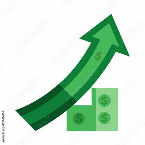 Green arrow shows financial growth with stacked dollar bills