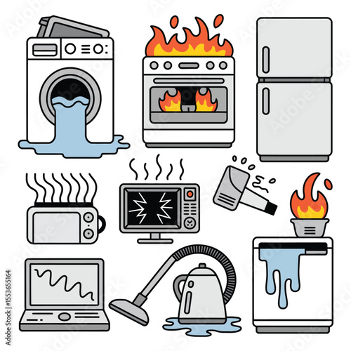 Collection of malfunctioning household appliances with water damage and fire hazards