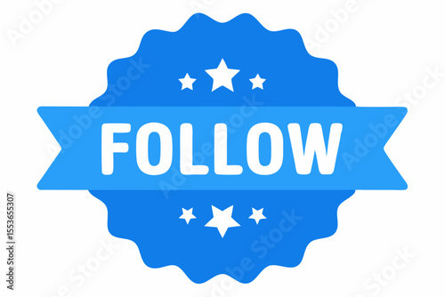 Blue follow badge with stars and ribbon design