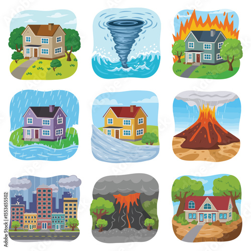 Collection of houses affected by various natural disasters and weather events