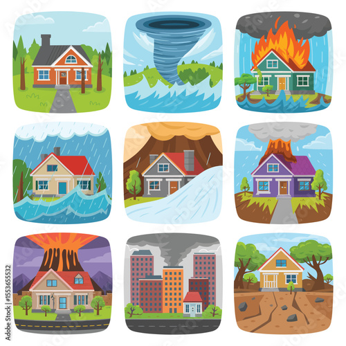 Collection of homes experiencing various natural disasters and emergencies