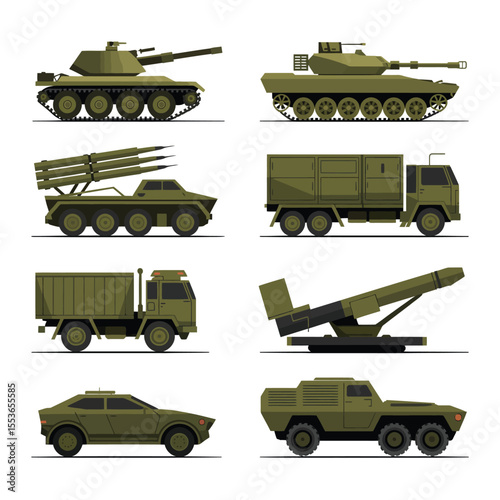 Collection of modern military vehicles and armored transports in flat design