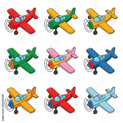 Collection of nine colorful cartoon airplanes in a grid pattern