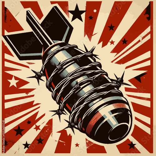 Bomb Wrapped in Barbed Wire with Urgent Propaganda Aesthetic