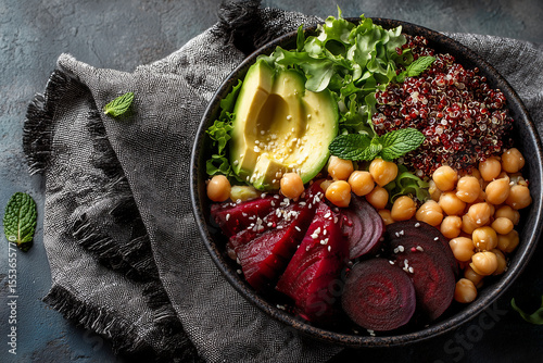 flat lay of healthy vegan bowl with red quinoa avocado chickpeas beets and leafy greens topped with sesame seeds and mint on dark rustic background perfect for clean eating or plant based diet