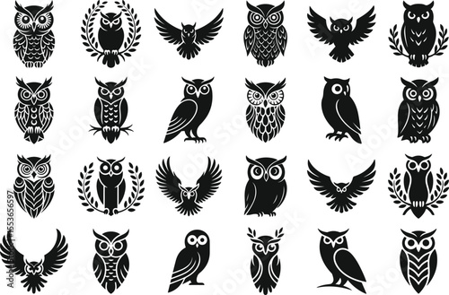 Black Owl Silhouette Vector Icons Collection – Stylized Flying and Perched Owl Designs