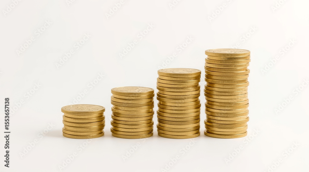 Coin stacks in a row, four progressively taller stacks of gold and silver coins, arranged in a row from left to right, against a pure white background Coin stacks in a row, four progressively taller stacks of gold and silver coins, arranged in a row from left to right, against a pure white background