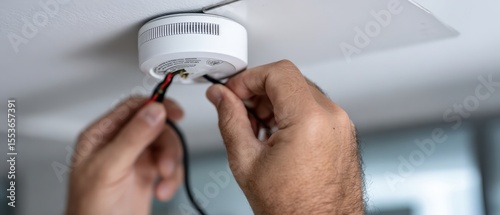 Wallpaper Mural Adult man installing new smoke detector on ceiling indoors Concept of home safety, fire prevention, and electrical work Torontodigital.ca