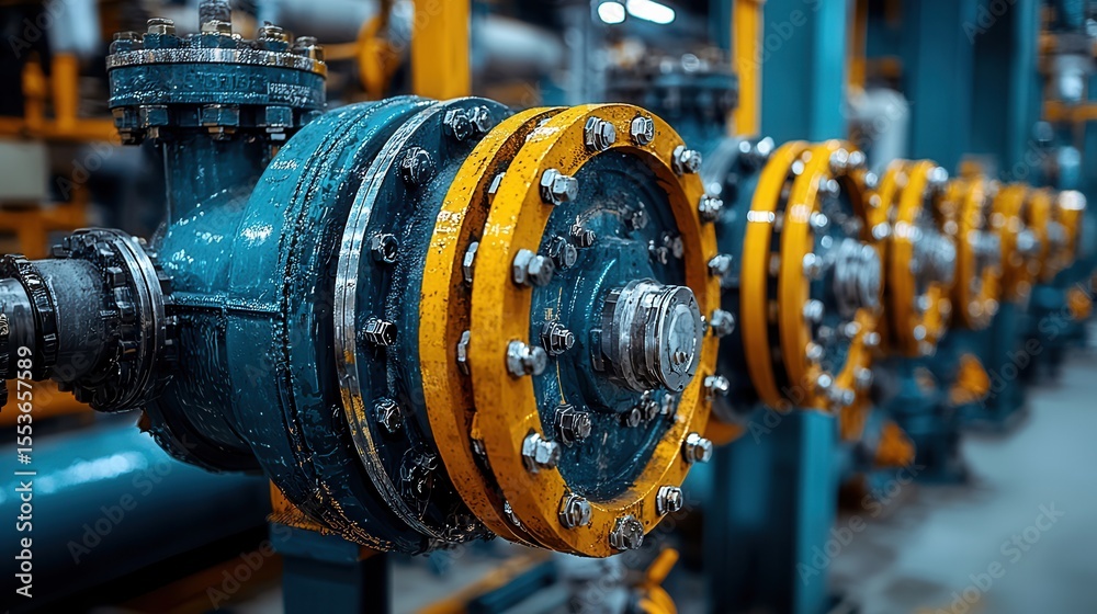 Obraz premium Close-up view of industrial valves and pipes demonstrating engineering precision in a machinery facility