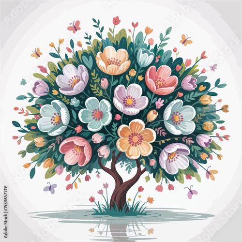 Canvas-taulu Whimsical tree abloom with colorful flowers and butterflies in gentle water