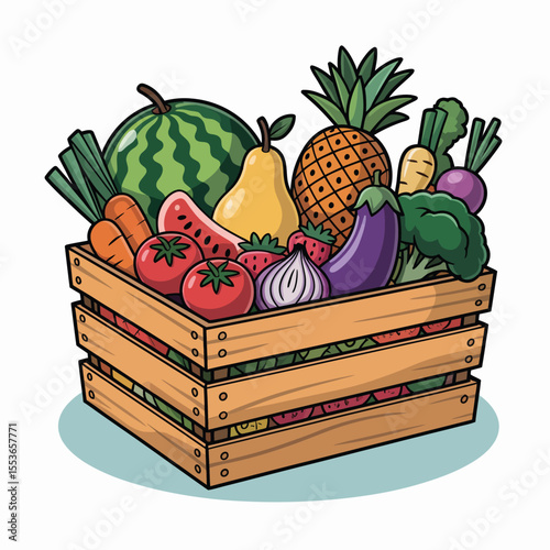 Wooden crate overflowing with a variety of fresh fruits and vegetables