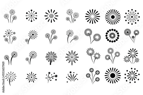 Collection of black fireworks icons isolated on white background