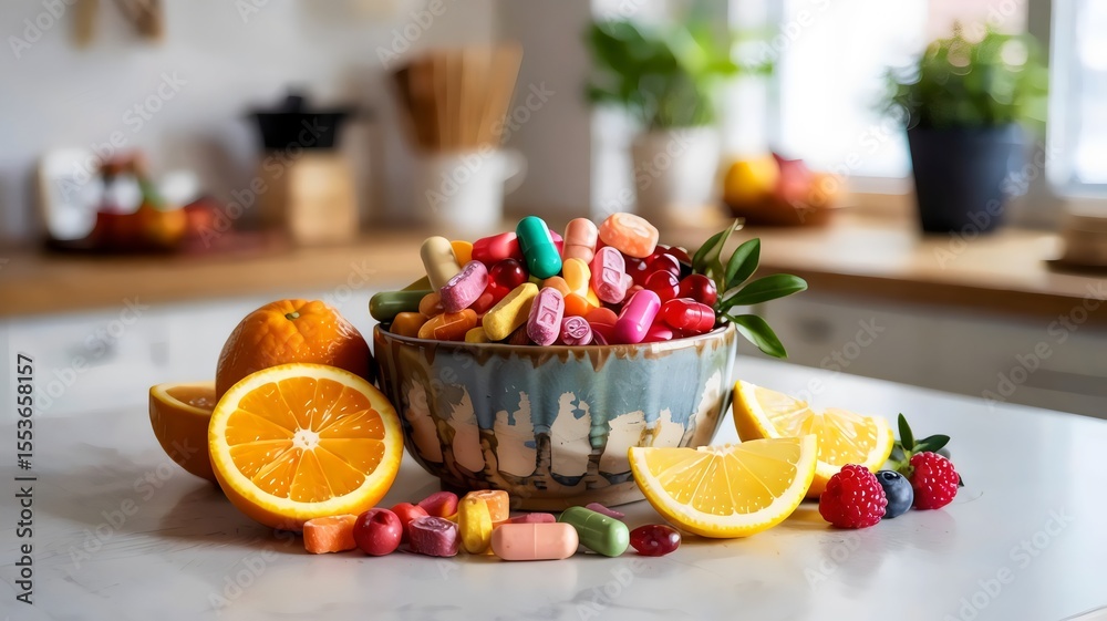 Fototapeta premium Gummy vitamins and fresh fruit on white surface in kitchen setting