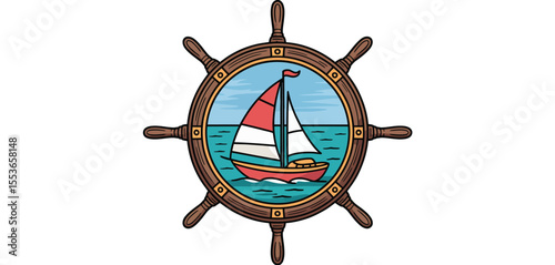 Nautical sailboat scene framed by a classic wooden ship s wheel on the ocean
