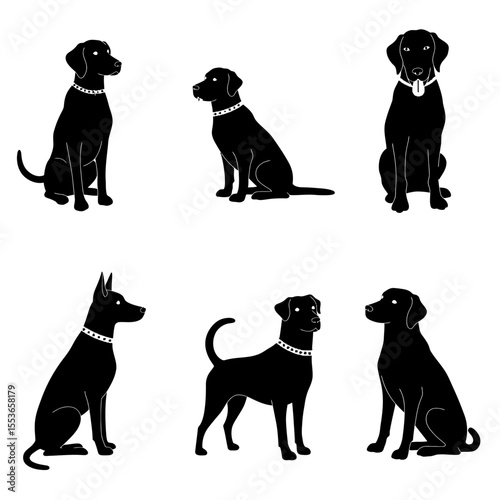 Vector illustration. Set of silhouettes of dogs of different breeds in different poses.