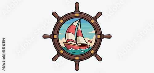 Cartoon sailboat sailing on the ocean seen through a wooden ship s wheel