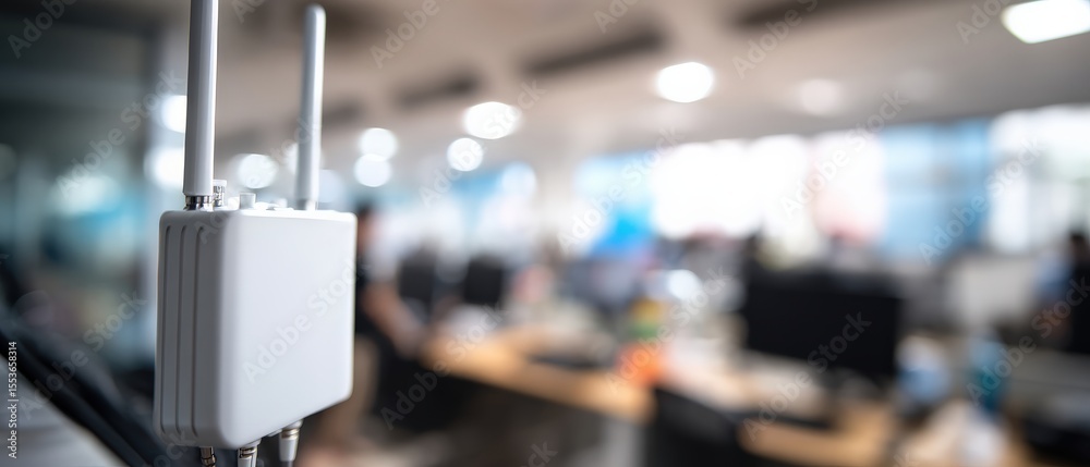 Obraz premium Wireless access point with antennas in modern office Concept of network infrastructure, connectivity, and technology