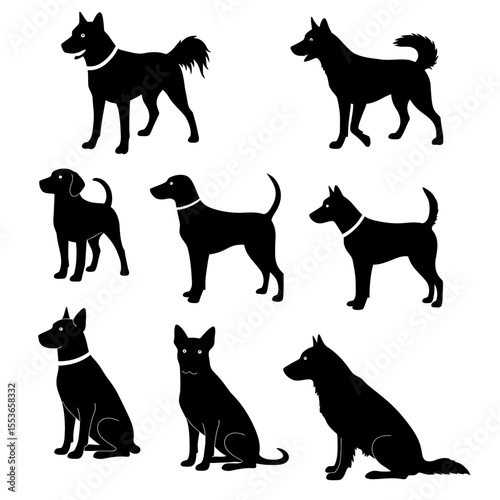 Vector illustration. Set of silhouettes of dogs of different breeds in different poses.