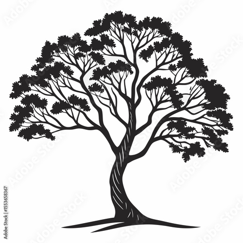 Silhouette illustration of a majestic tree with lush foliage and detailed branch structure