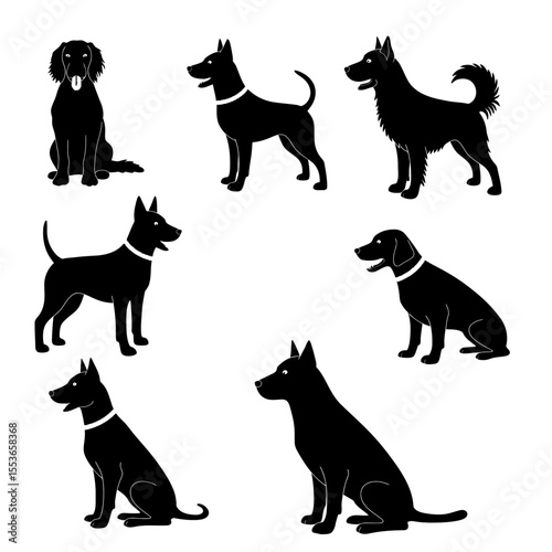 Vector illustration. Set of silhouettes of dogs of different breeds in different poses.