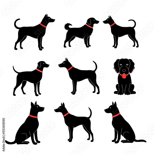 Vector illustration. Set of silhouettes of dogs of different breeds in different poses.