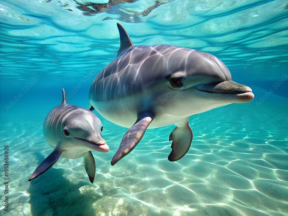 Obraz premium A mother dolphin and her calf swim together underwater
