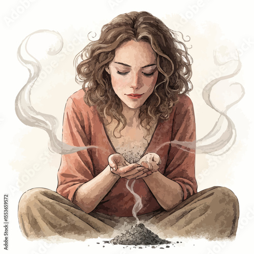 A seated woman holds ashes in her hands as thin smoke rises. Soft light, warm browns and pale grey smoke. Realistic watercolor and charcoal. Isolated on white.