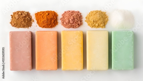 Palette of Nature: A curated display of vibrant colored clay and soap bars, offering a visual feast of natural tones and textures, perfect for cosmetic or artistic purposes.