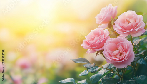 AI generator images of Beautiful Orange, pink Rose in Gardening ,Delicate peach roses in a full bloom in the garden. Close-up photo. Dark green background. Orange floribunda rose in the garden. Garden