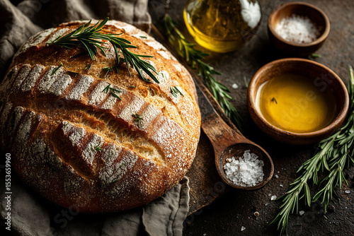 flat lay of rustic sourdough bread loaf with olive oil sea salt and fresh rosemary on dark textured background perfect for artisanal bakery branding cooking blogs or mediterranean recipes