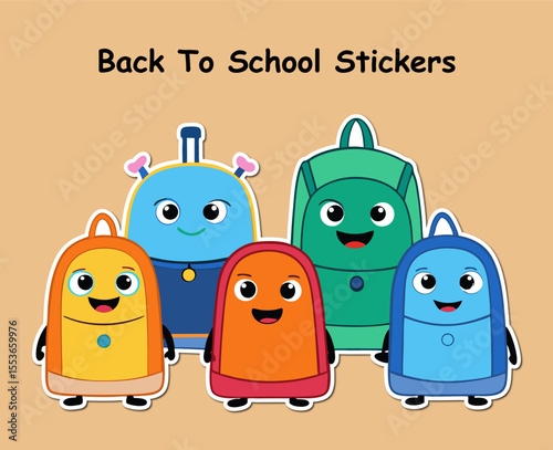 Cartoon Backpack Stickers for Back to School with Smiling Faces and Colorful Designs