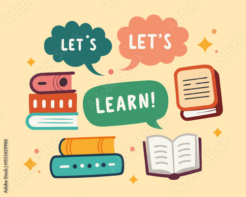 Colorful Illustration of Books and Speech Bubbles Encouraging Learning and Education in a Fun Way