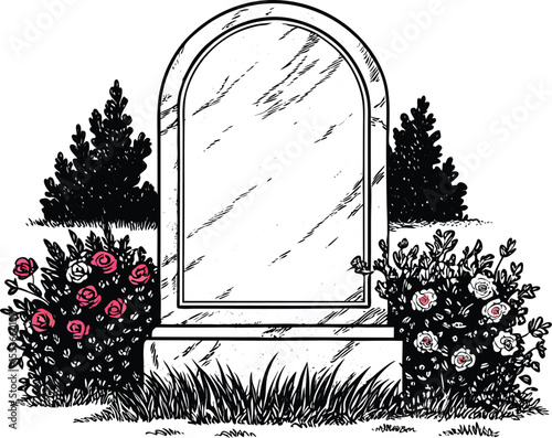 Hand Drawn Tombstone with Roses and Evergreen Trees in a Cemetery