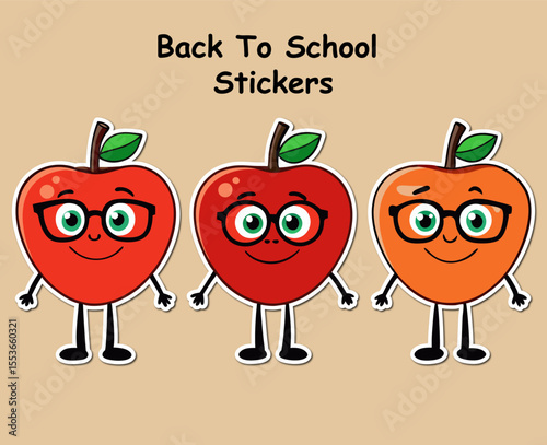 Back to school collection of stickers Three Cartoon Apple Characters Wearing Glasses for Back to School Stickers Design cartoon
