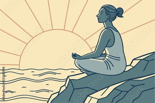 A graceful yogi holds a calm mudra, breathing deeply as the sunrise illuminates the vast, open sea before her.